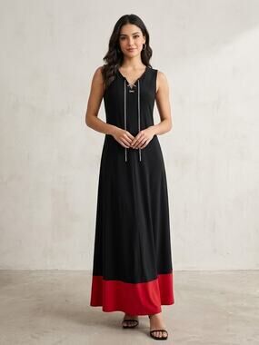 Boho Chic Maxi Dress W/ Color Block &Gold Chain Detail Size M